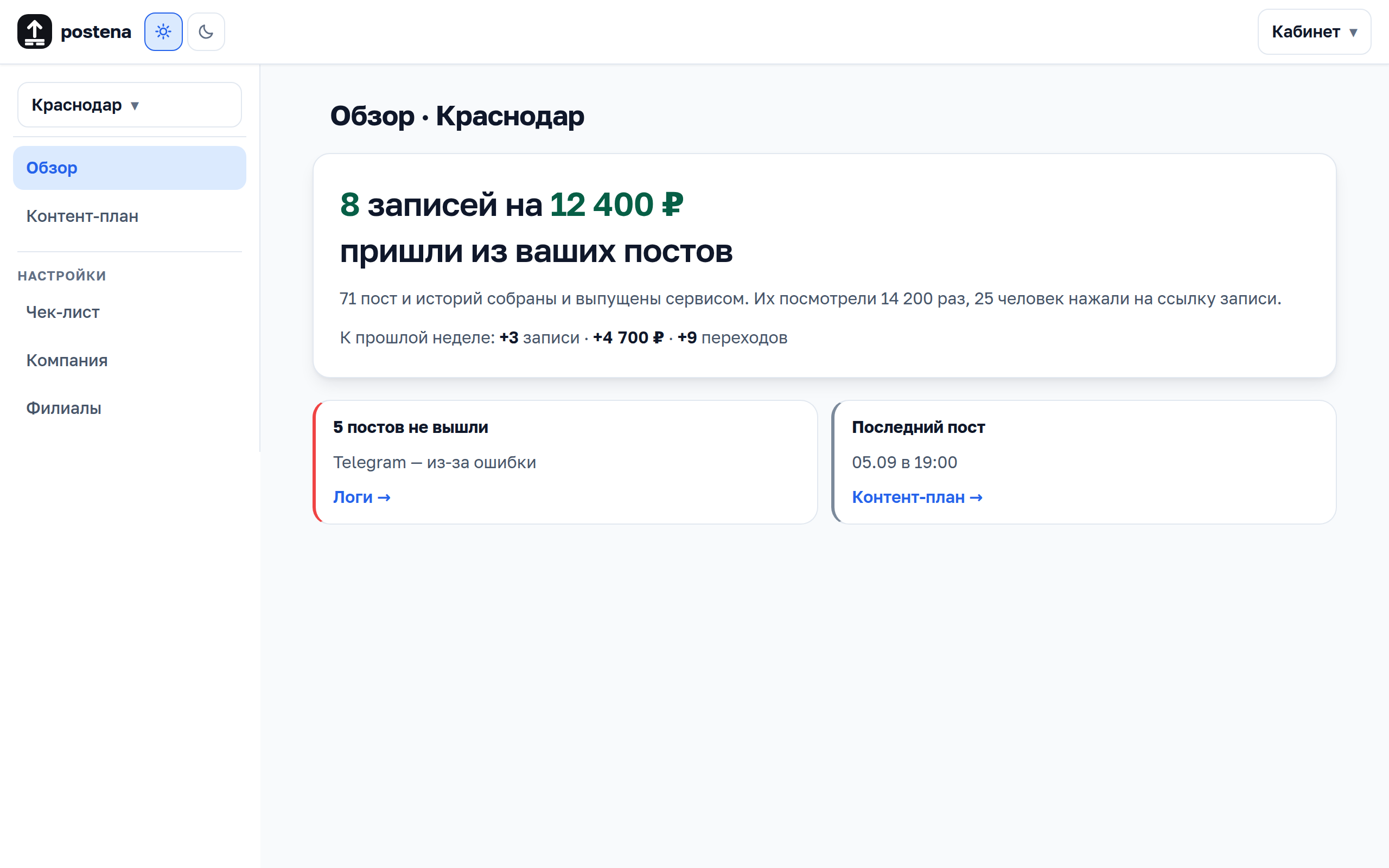 Кабинет postena: сколько записей и на какую сумму принесли посты